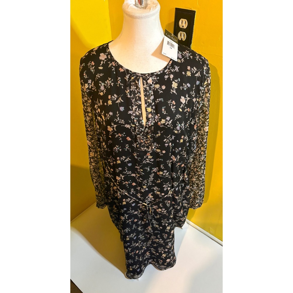 Lauren Ralph Lauren Black Floral Chiffon Georgette Keyhole Dress Sz 14 NWT